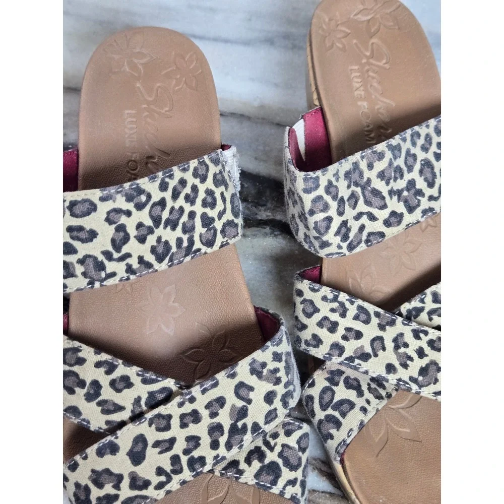 Skechers Luxe Foam Leopard Print Wedge Sandals Womens 10 Tan Black 32964